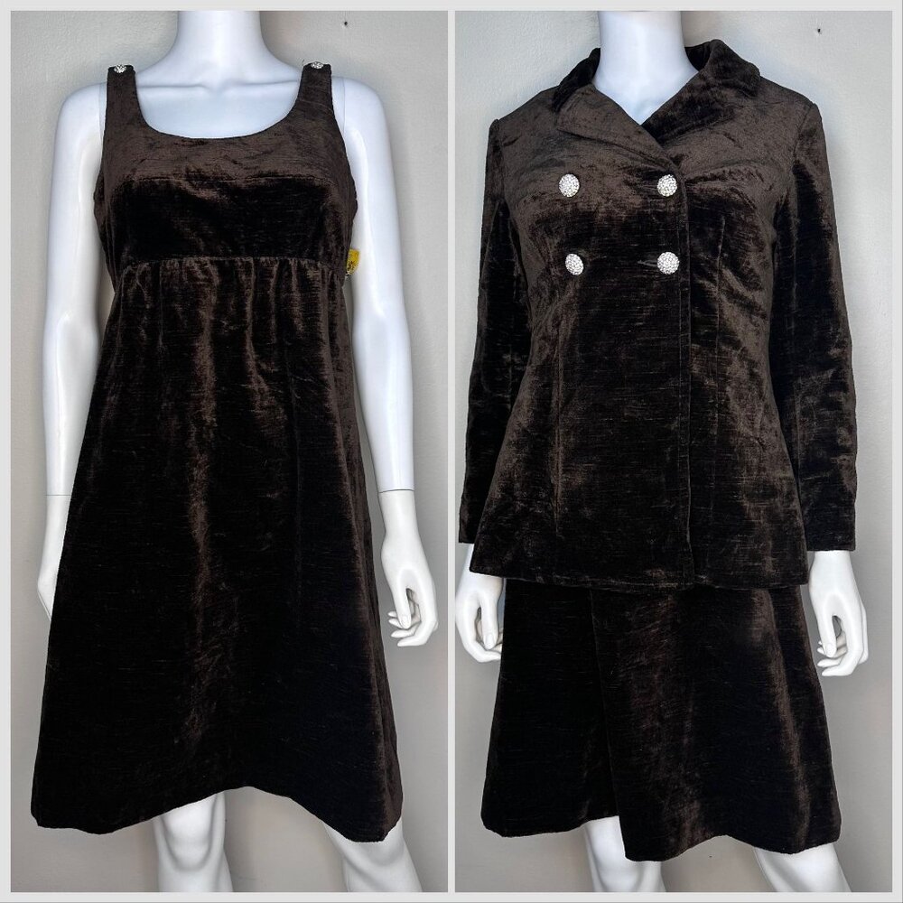 Vintage 1960s Brown Tapestry Velvet Mod Dress Suit, Junior House Boutique, Small